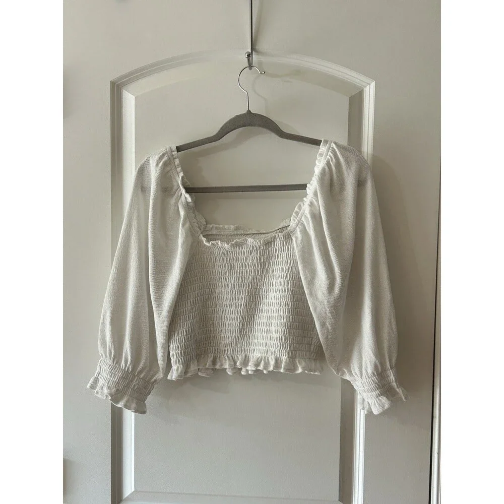 Free People Size M Brenyce Ivory Smocked Crop Off the Shoulder puff sleeve Top